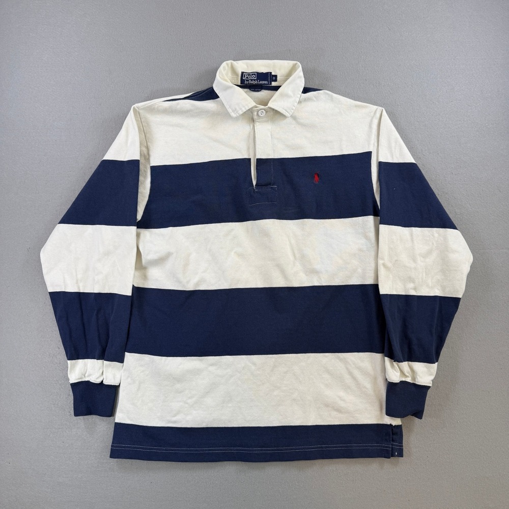 Vintage Polo Ralph Lauren Rugby Shirt Mens Small White Blue Long Sleeve Preppy